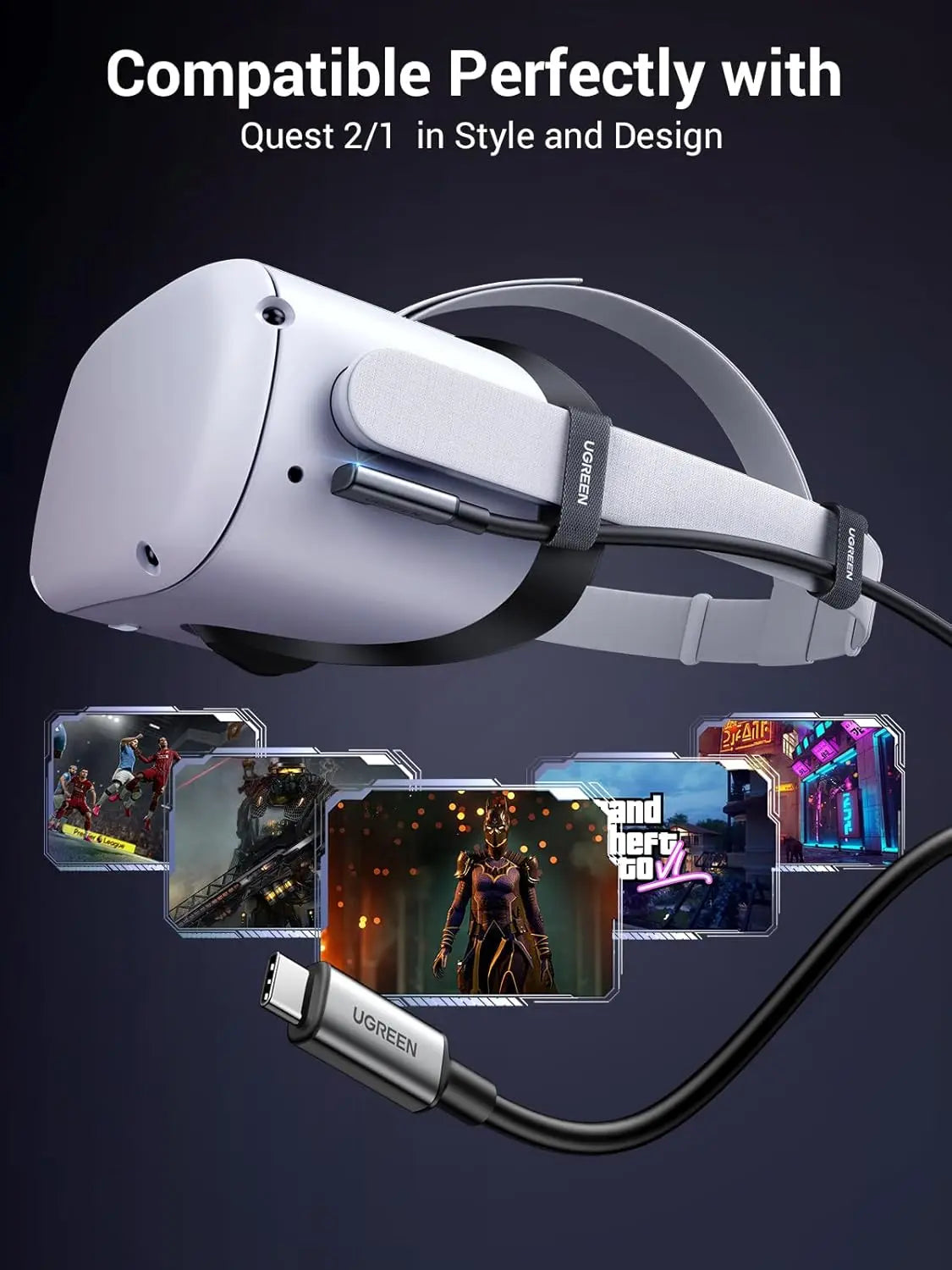 UGREEN Right Angle USB 3.0 Type C Cable 5M 60W VR Link Headset Oculus Quest 2 Pico 4 PC Steam VR Gaming Fast (90629) Ugreen