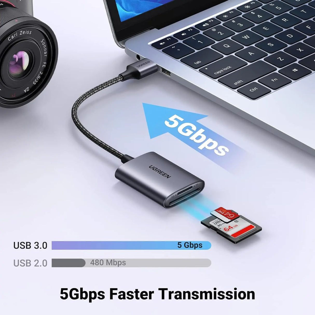 UGREEN USB 3.0 Card Reader 2-in-1 SD TF Micro SD SDHC SDXC MMC Aluminum Case Memory Card Reader PC Laptop 80887 Ugreen