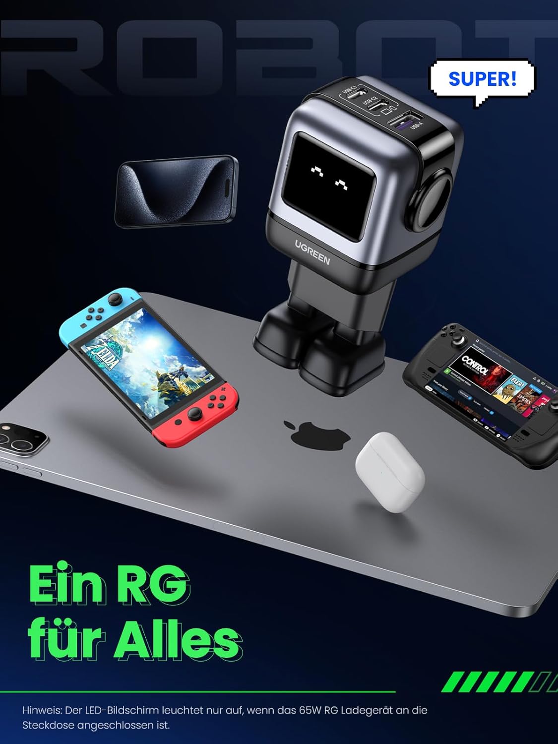 UGREEN Nexode RobotGaN 65W USB C Charger GaN Fast Wall Charger 3 Port 2x USB C 1x USB A iPhone 15 MacBook Galaxy (25685B) Ugreen
