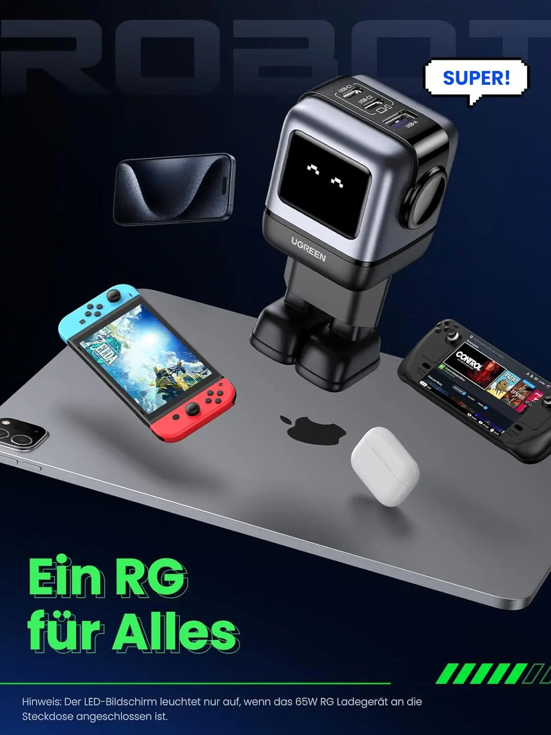 UGREEN Nexode RobotGaN 65W USB C Charger GaN Fast Wall Charger 3 Port 2x USB C 1x USB A iPhone 15 MacBook Galaxy (25685B) Ugreen