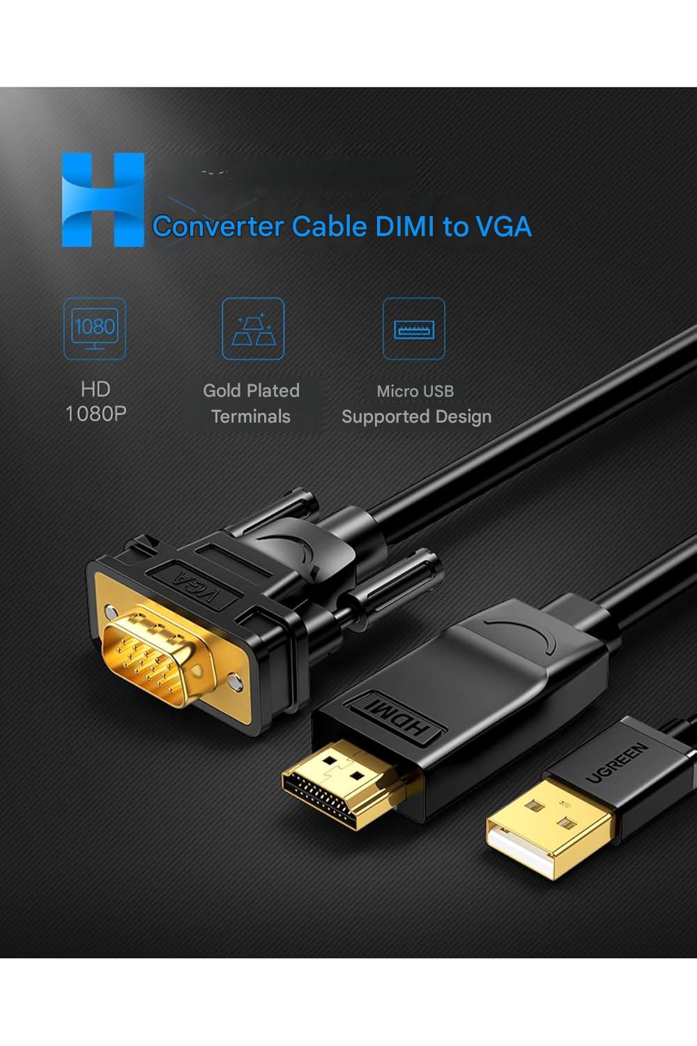 UGREEN HDMI to VGA Cable 1.5M Male to Male 1080P Full HD Video Converter Adapter Laptop PC Desktop Monitor Projector (30449)