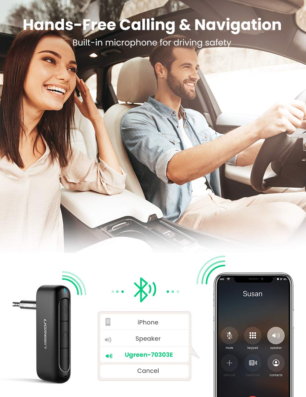 UGREEN Portable Bluetooth 5.0 Receiver Car Wireless Audio Adapter 3.5mm AUX Stereo Output Built-in Microphone 70303 Ugreen