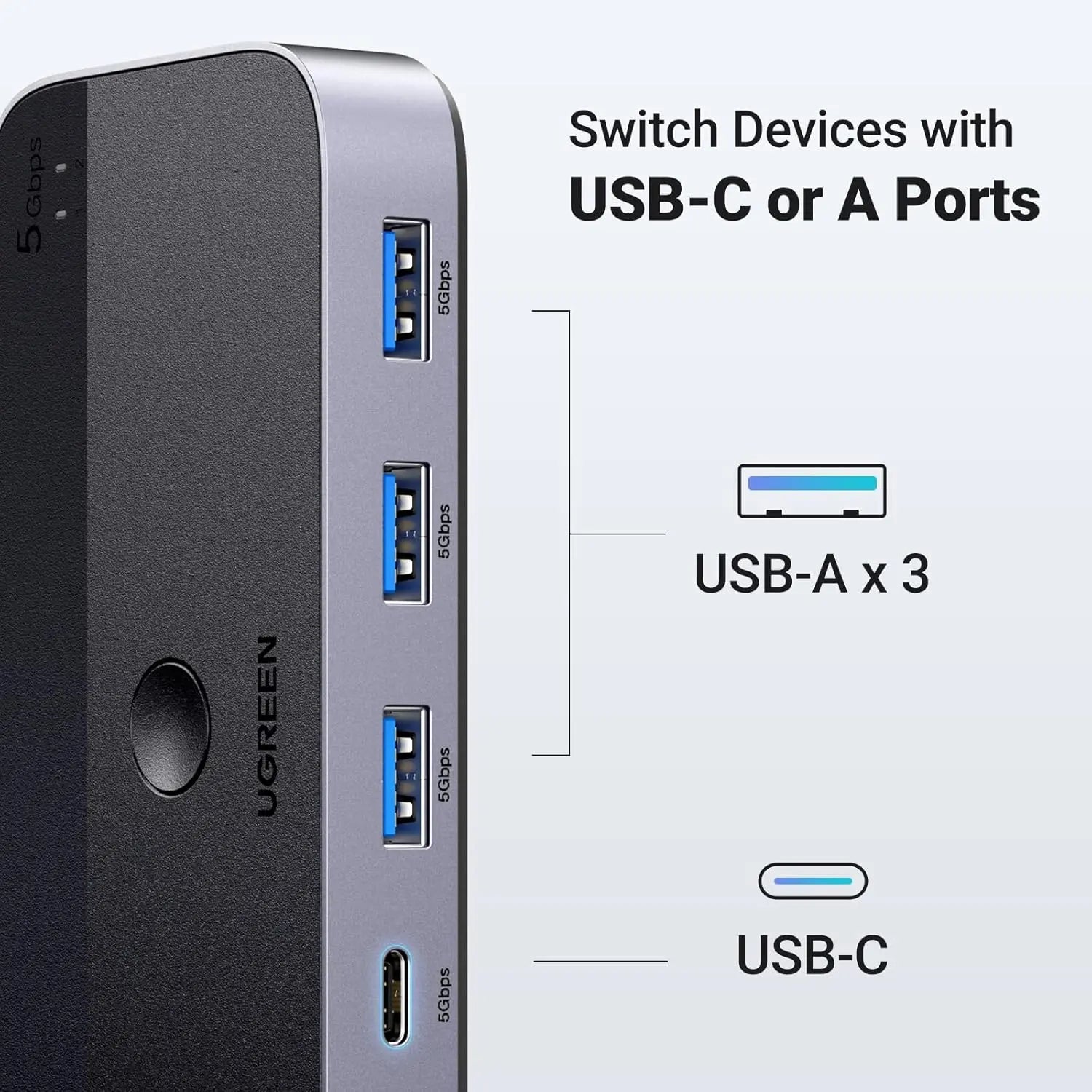 UGREEN USB 3.0 Switch 2 Computer Sharing USB C A Device 4 Port Switcher Keyboard Mouse Printer 2 USB3.0 Cable Remote (15705)