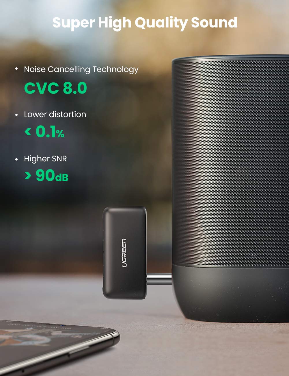 UGREEN Portable Bluetooth 5.0 Receiver Car Wireless Audio Adapter 3.5mm AUX Stereo Output Built-in Microphone 70303 Ugreen