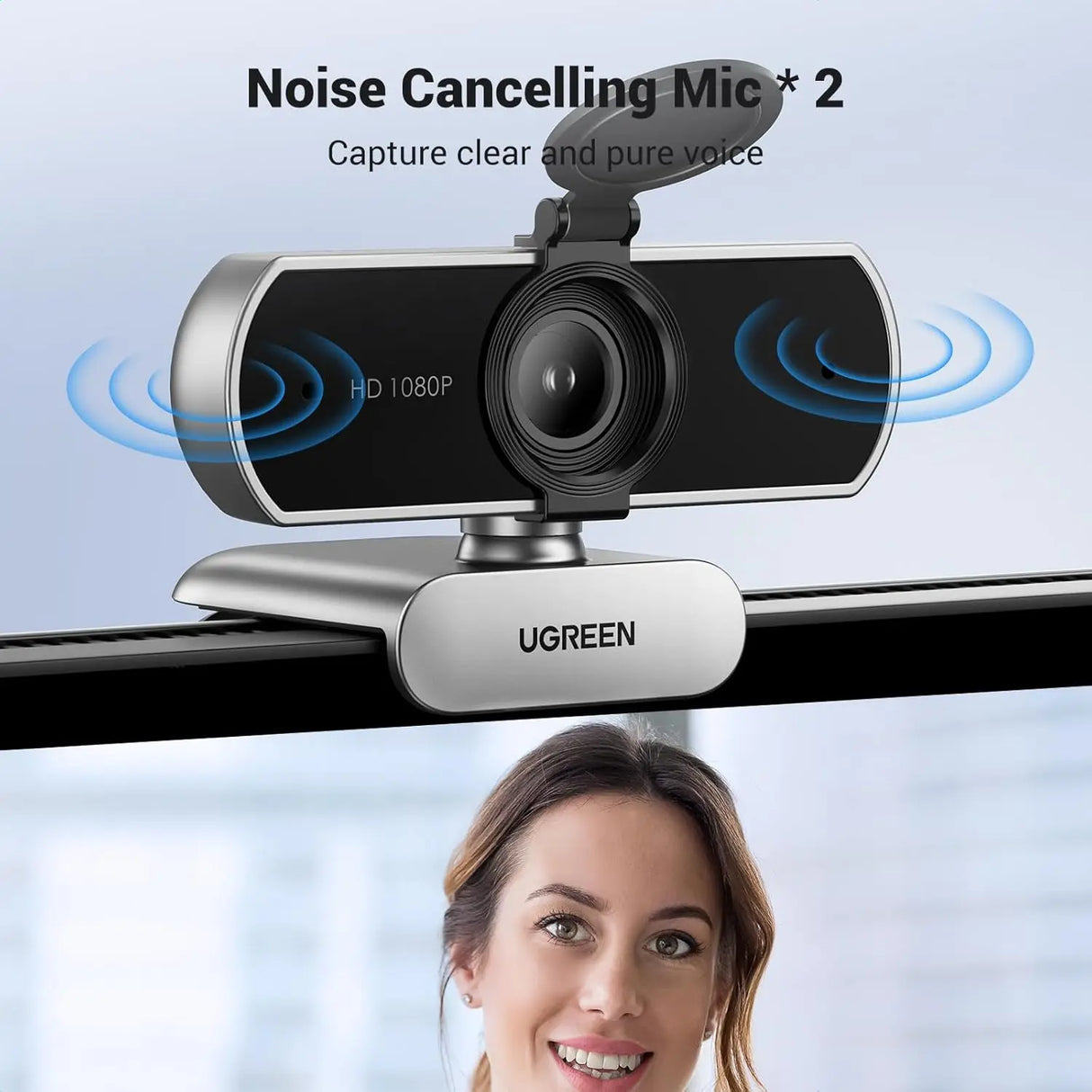 UGREEN Full HD 1080P Webcam Microphone 2 Noise Cancel Mics 85° FOV Fixed Focus Privacy Cover PC Streaming Conference (75326) Ugreen