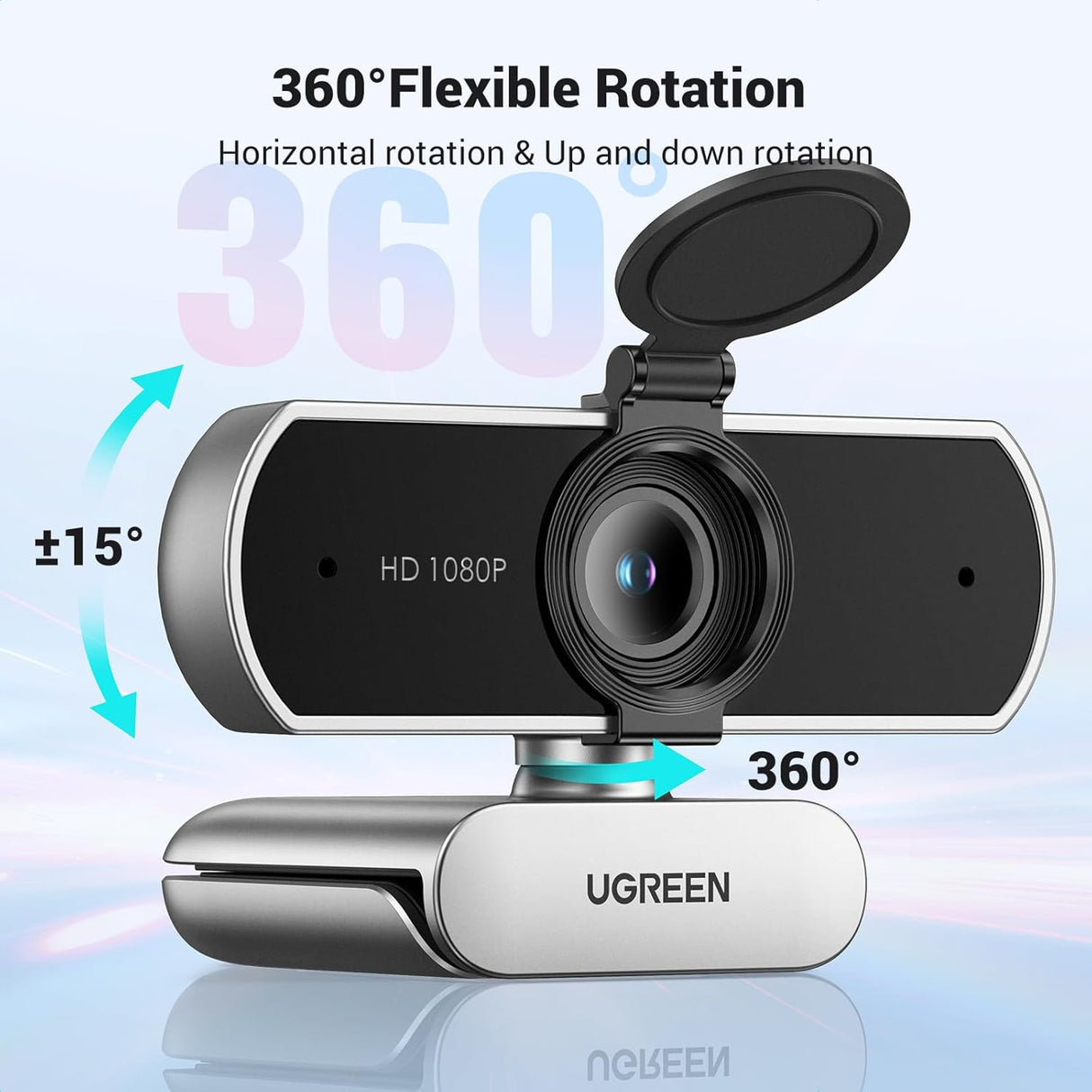 UGREEN Full HD 1080P Webcam Microphone 2 Noise Cancel Mics 85° FOV Fixed Focus Privacy Cover PC Streaming Conference (75326) Ugreen