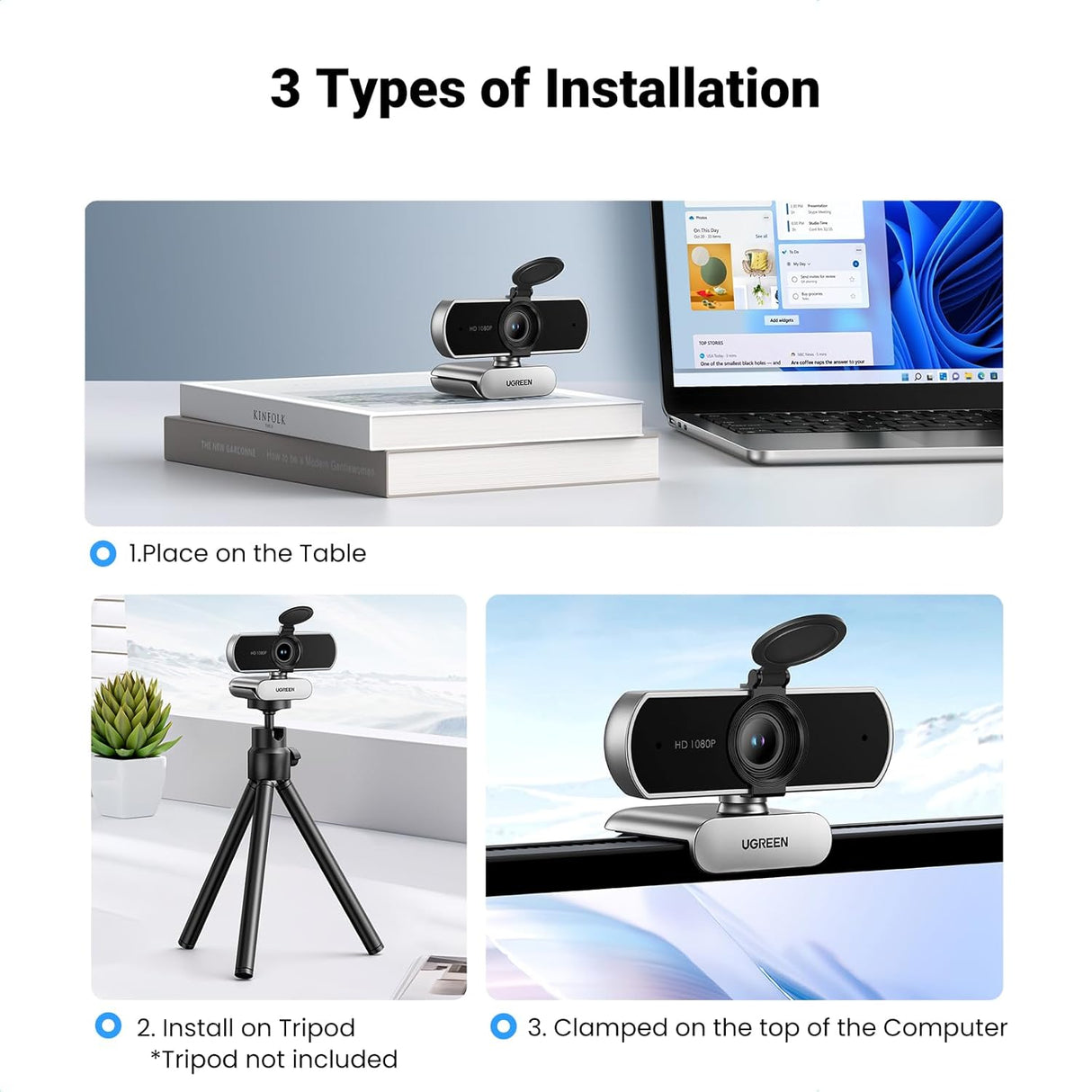 UGREEN Full HD 1080P Webcam Microphone 2 Noise Cancel Mics 85° FOV Fixed Focus Privacy Cover PC Streaming Conference (75326) Ugreen