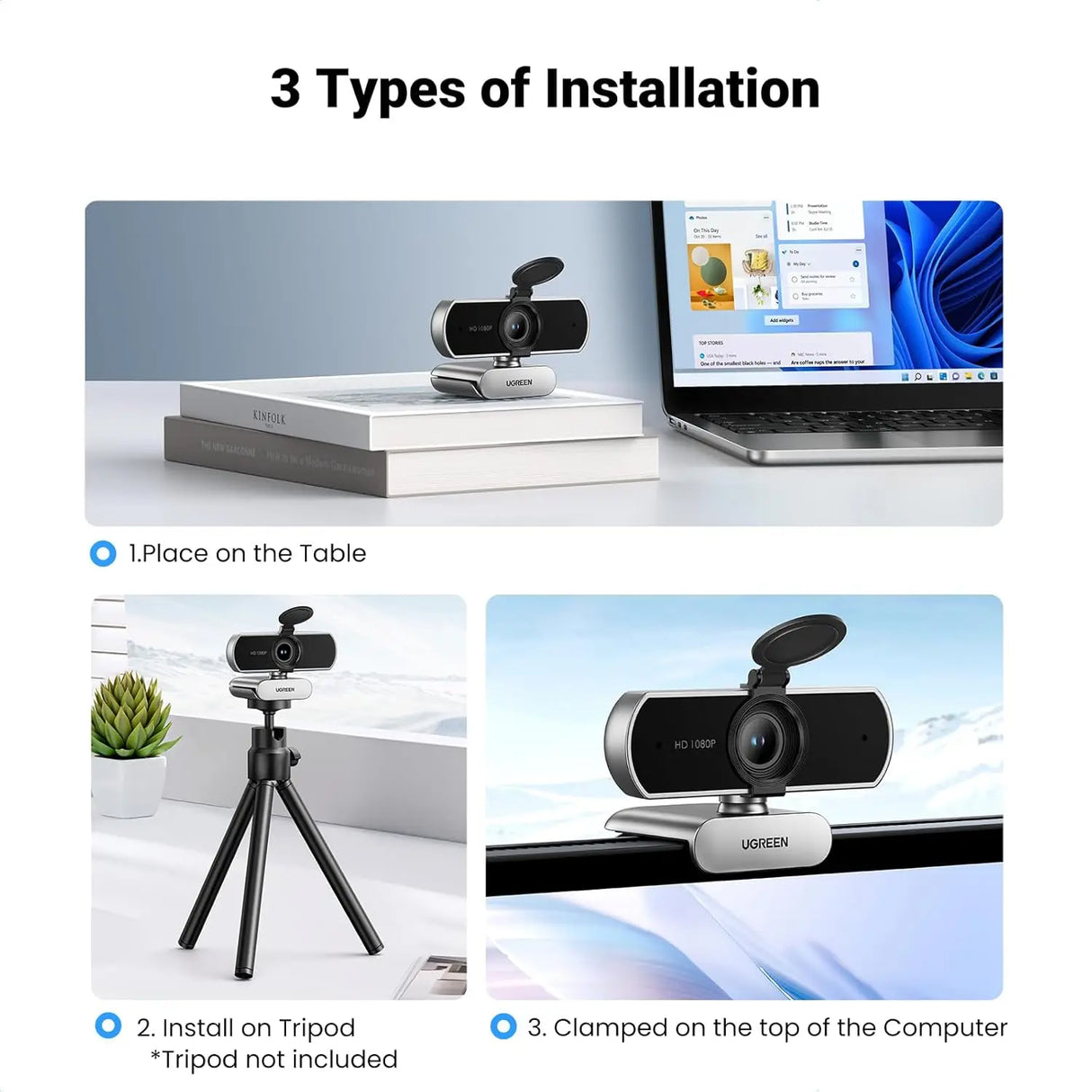 UGREEN Full HD 1080P Webcam Microphone 2 Noise Cancel Mics 85° FOV Fixed Focus Privacy Cover PC Streaming Conference (75326) Ugreen