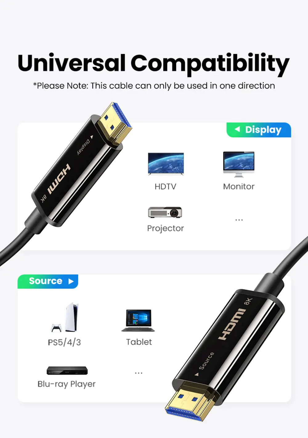 UGREEN HDMI 2.1 Fiber Optic Cable 10M 8K@60Hz 48Gbps HDR Dolby Vision eARC Dynamic HDR PS5 Xbox Series X HDTV (80406) Ugreen