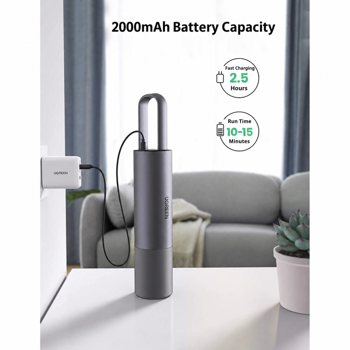 UGREEN 80645 handheld vacuum with 2000mAh battery and USB-C charging