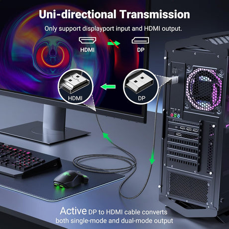 UGREEN 2M DisplayPort to HDMI Cable 4K@60Hz Active DP to HDMI Adapter Aluminum Braided Monitor Projector HDTV PC Laptop 15774 Ugreen