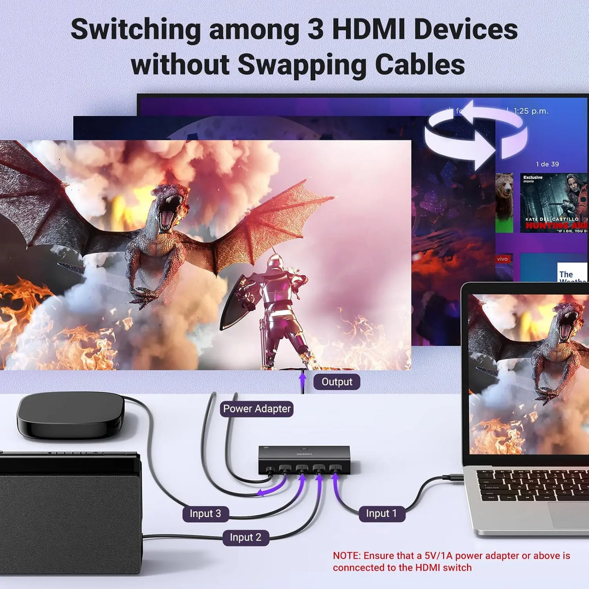 UGREEN 3-in-1 HDMI Switch 4K 60Hz with Remote Control 3 Port HDMI Switcher Box Auto Switching Gaming Console TV 15376 Ugreen