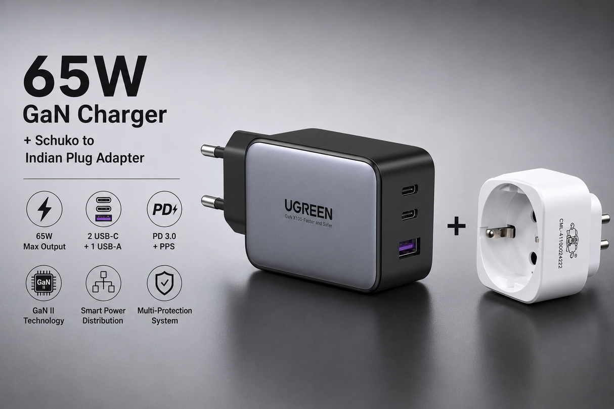 UGREEN 65W 3-Port 2C1A USB C Charger PPS GaN Fast Charger + Schuko (EU) to Indian convertor, Desktop Laptop Wall Charger (10335)