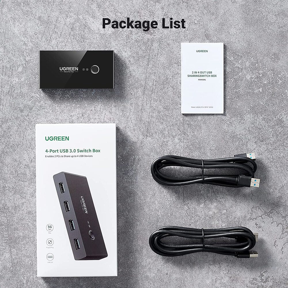 UGREEN 2-in-4 USB 3.0 Sharing Switch Box Selector PC Printer Scanner One-Button Swapping 2 USB-A Cables Included 30768 Ugreen