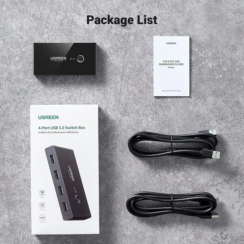 UGREEN 2-in-4 USB 3.0 Sharing Switch Box Selector PC Printer Scanner One-Button Swapping 2 USB-A Cables Included 30768 Ugreen
