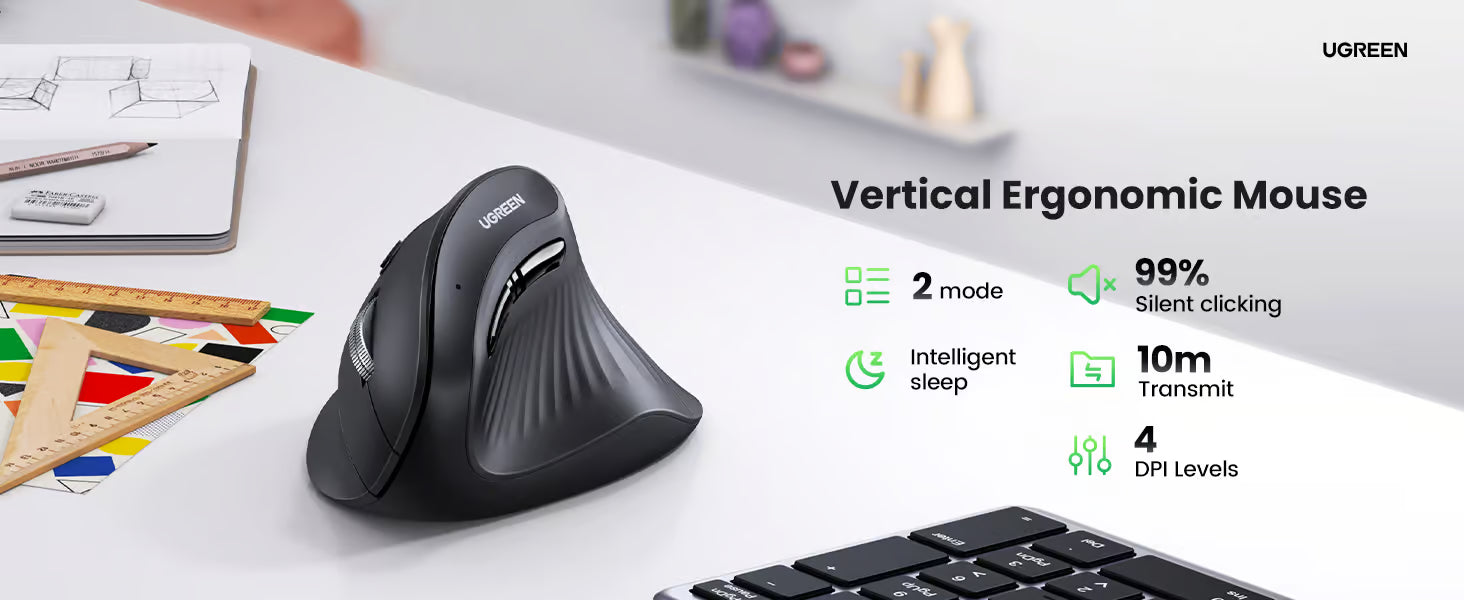 UGREEN Vertical Ergonomic Mouse Wireless Bluetooth 5.0 2.4G 5 Button 1000-4000 DPI Mouse Arm Prevention PC Laptop (25444)
