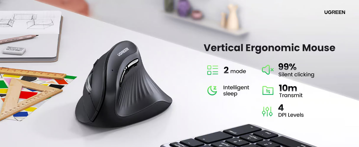 UGREEN Vertical Ergonomic Mouse Wireless Bluetooth 5.0 2.4G 5 Button 1000-4000 DPI Mouse Arm Prevention PC Laptop (25444) Ugreen
