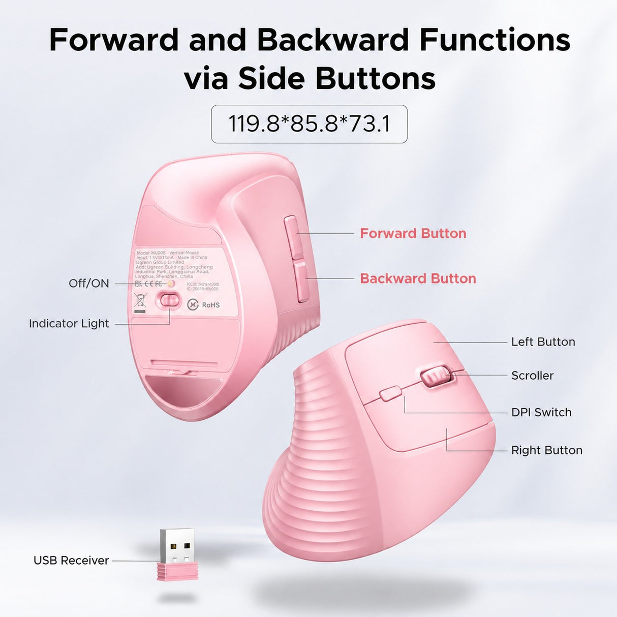 UGREEN Ergonomic Wireless Vertical Mouse, 2.4G & Bluetooth Dual Mode, 4000 DPI, 57° Vertical Angle Silent Mouse for Laptop,Tablet,PC, Pink (65666)