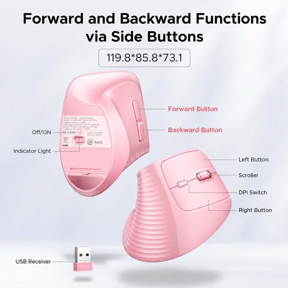 UGREEN Ergonomic Wireless Vertical Mouse, 2.4G & Bluetooth Dual Mode, 4000 DPI, 57° Vertical Angle Silent Mouse for Laptop,Tablet,PC, Pink (65666)