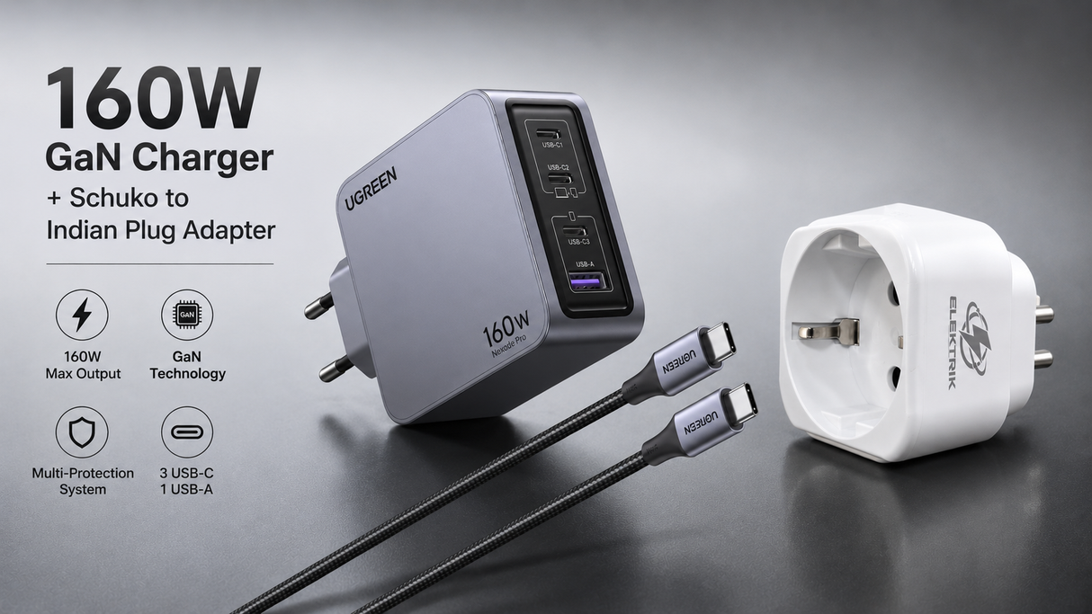 UGREEN Nexode Pro 160W GaN Charger 4-Port Desktop Station 3 USB-C 1 USB-A with Cable + Schuko (EU) to Indian Adapter, MacBook Pro iPhone 15 iPad 25877