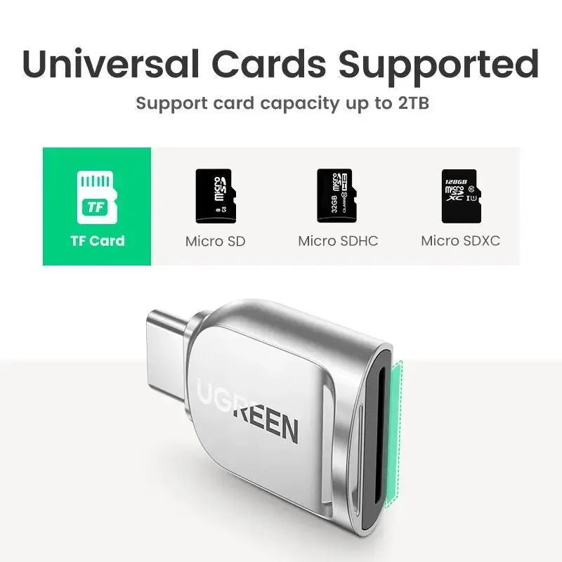 UGREEN USB-C Micro SD Card Reader OTG TF Adapter Zinc Alloy Android iPadOS Windows MacOS Linux Silver (15513) Ugreen
