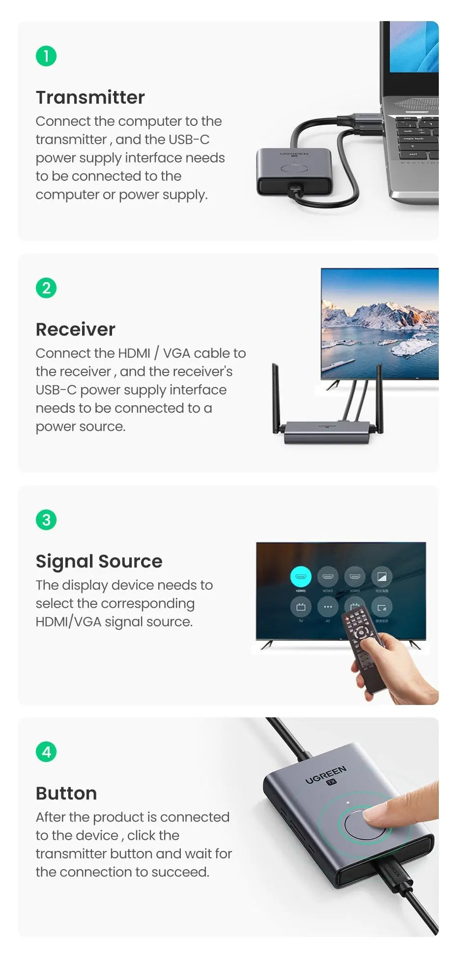 UGREEN 50M Wireless HDMI VGA Extender Transmitter Receiver 1080P 60Hz 5GHz Long Range Display Adapter Kit 50633A Ugreen