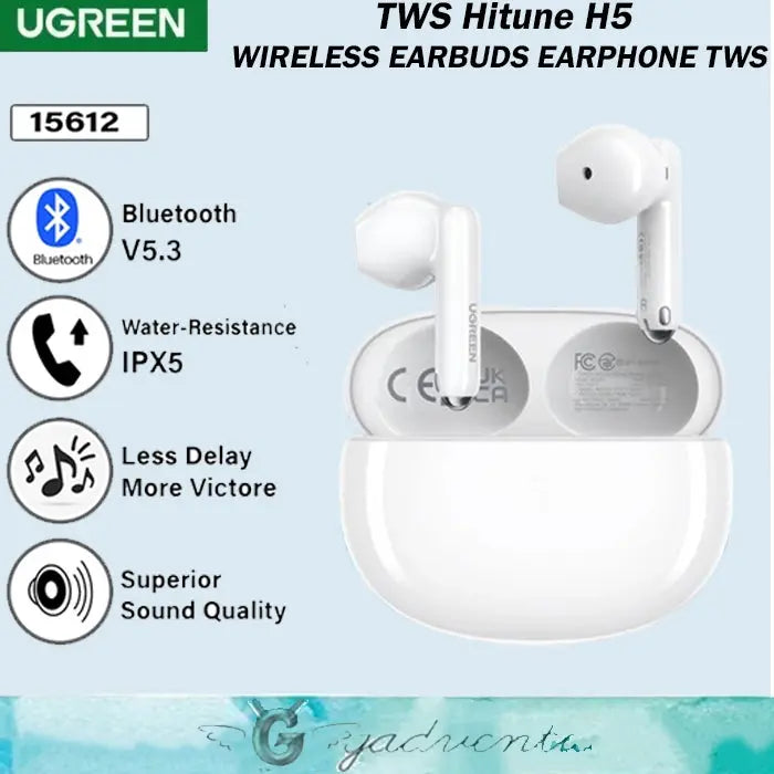 UGREEN HiTune H5 True Wireless Bluetooth 5.3 Active Noise Cancelling Earbuds 26H Battery 13.6mm Drivers White 15612 Ugreen