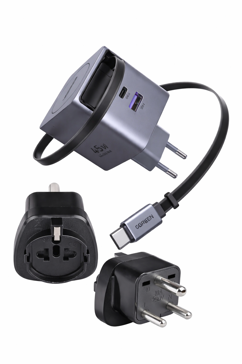 UGREEN 45W GaN Fast Charger with Retractable Cable | EU Pin (Schuko) Charger with Indian Adapter (65822)