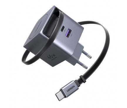 UGREEN 45W GaN Fast Charger with Retractable Cable | EU Pin (Schuko) Charger with Indian Adapter (65822)