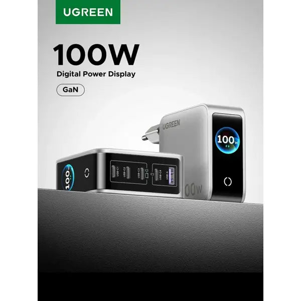 UGREEN Nexode Pro X773 100W 5-Port GaN Charger with Smart Display – 4 USB-C + USB-A (65620B) + Schuko to Indian Plug Adapter