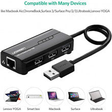 UGREEN USB Ethernet Adapter 100Mbps RJ45 Network 3-Port USB 2.0 Hub Laptop MacBook Windows Linux Switch Wired Internet 20264 Ugreen