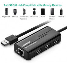 UGREEN USB Ethernet Adapter 100Mbps RJ45 Network 3-Port USB 2.0 Hub Laptop MacBook Windows Linux Switch Wired Internet 20264 Ugreen