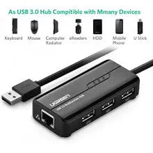UGREEN USB Ethernet Adapter 100Mbps RJ45 Network 3-Port USB 2.0 Hub Laptop MacBook Windows Linux Switch Wired Internet 20264 Ugreen