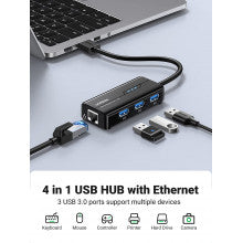 UGREEN USB Ethernet Adapter Gigabit 1000Mbps RJ45 Network 3-Port USB 3.0 Hub Laptop PC MacBook Windows Linux Wired Internet 20265 Ugreen