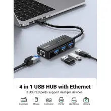 UGREEN USB Ethernet Adapter Gigabit 1000Mbps RJ45 Network 3-Port USB 3.0 Hub Laptop PC MacBook Windows Linux Wired Internet 20265 Ugreen