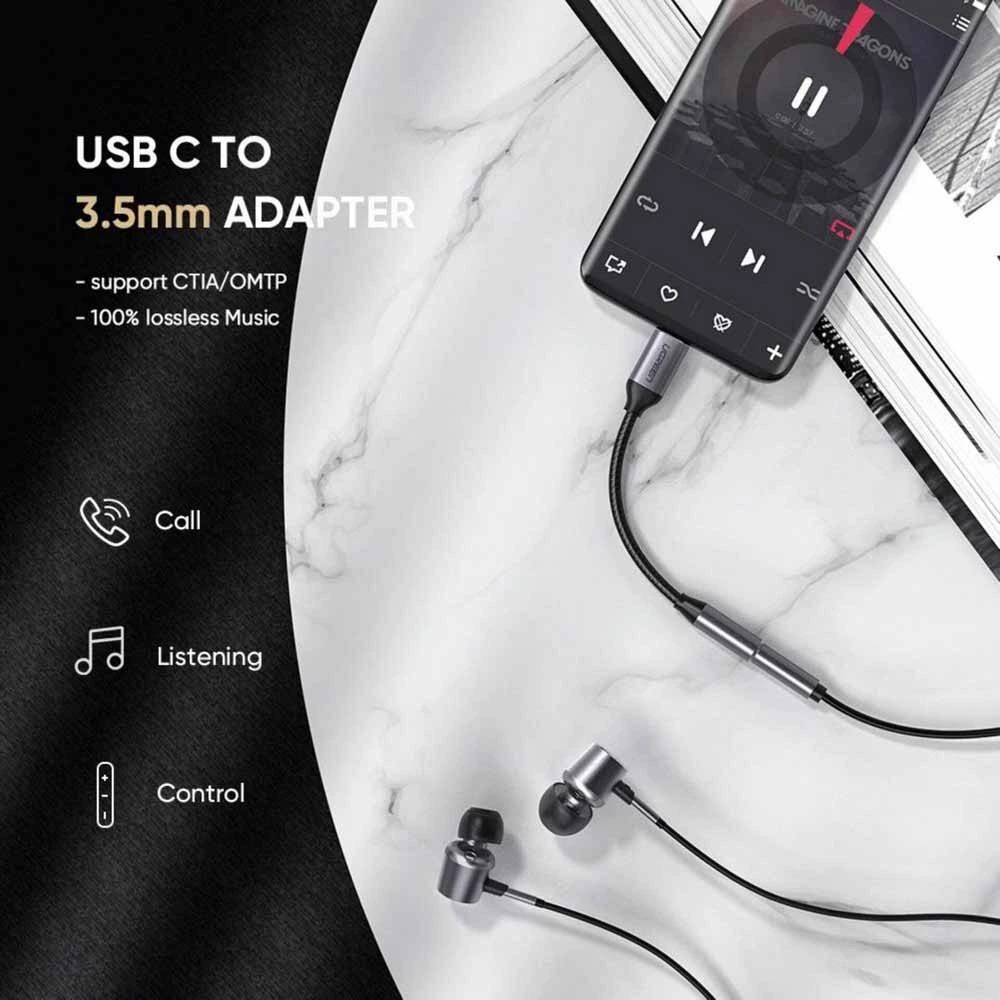 UGREEN USB C to 3.5mm Headphone Adapter Male to Female Jack Mi 11 Ultra P40 Pro P30 Pro OnePlus 9 8 Pro 10cm Cable (30632) Ugreen