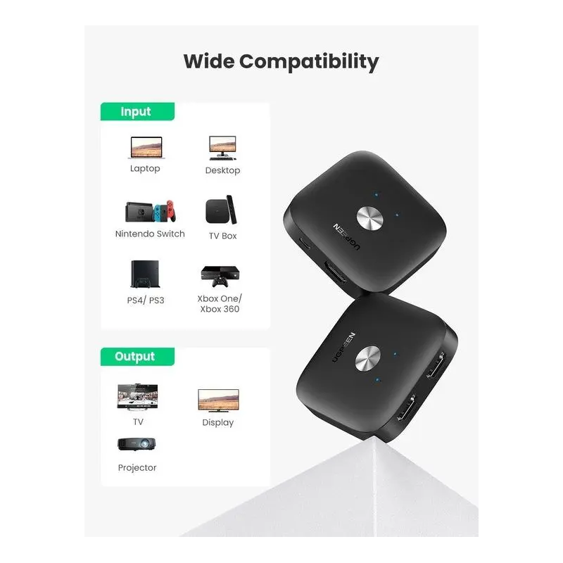 GREEN HDMI Switch 2-in-1 Out Bi-Directional HDMI Splitter 4K 60Hz 1080P 3D TV Monitor Projector Auto Switch 80126 Ugreen