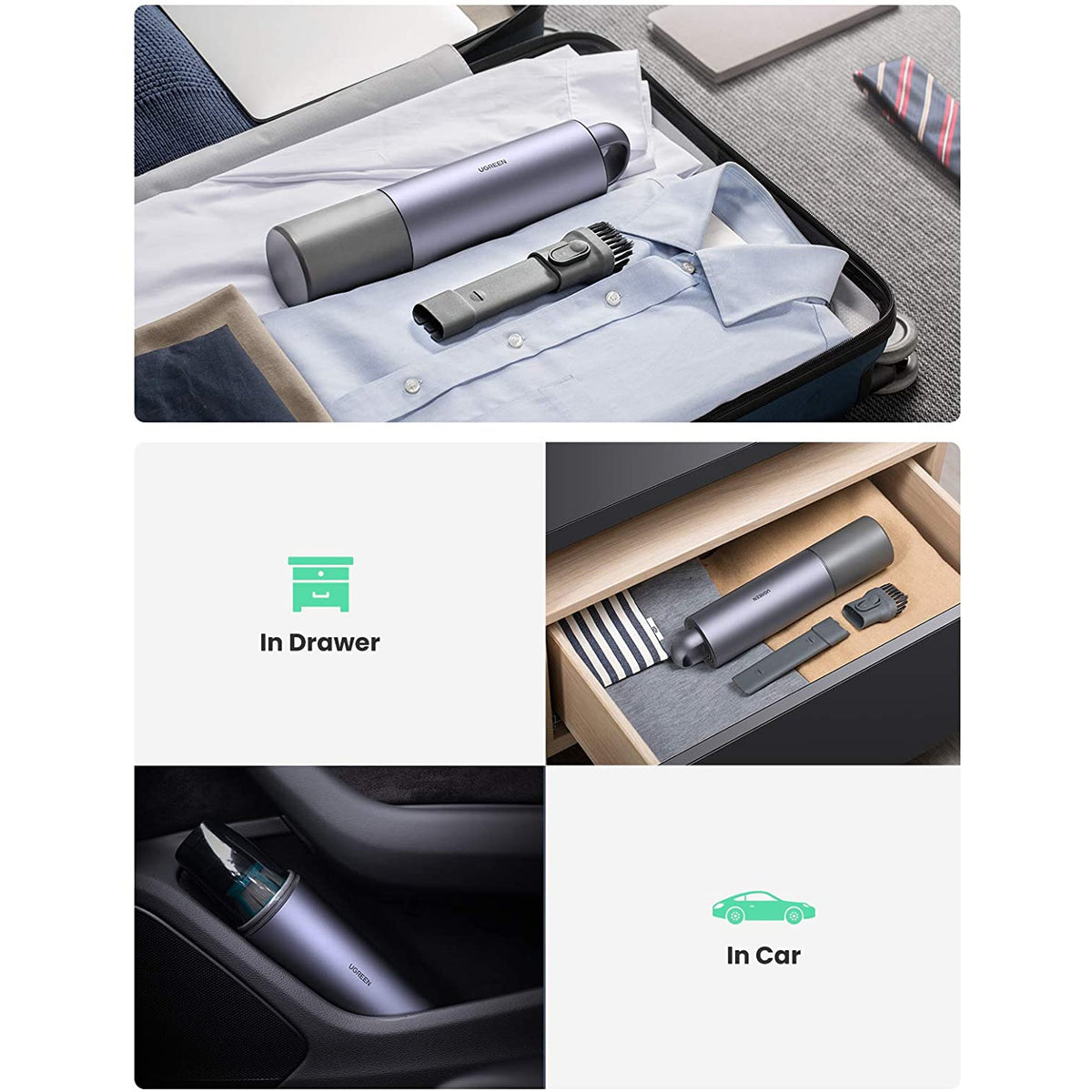 UGREEN 80645 compact vacuum stored in a drawer, bag and car interior