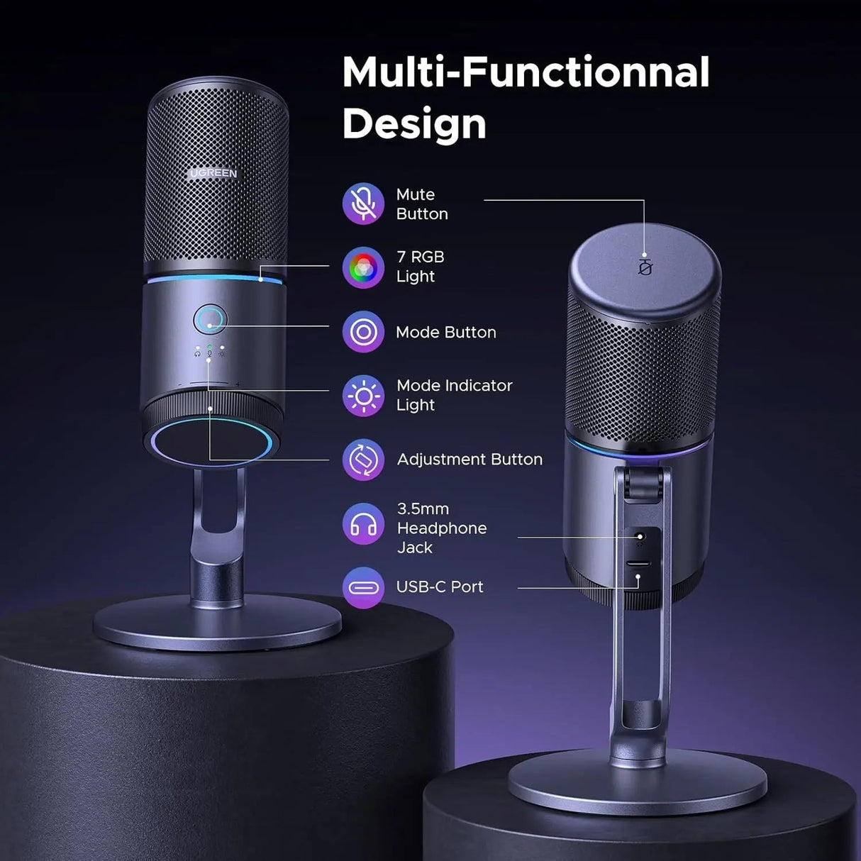 UGREEN Microphone for PC, USB Mic with RGB Lights, Mute Button, 24bit/96kHz, Cardioid Polar Pattern, Volume Control, Condenser Microphone for Streaming, Gaming, Podcasting, Recording, Laptop, PS5 (35629) - Ugreen India