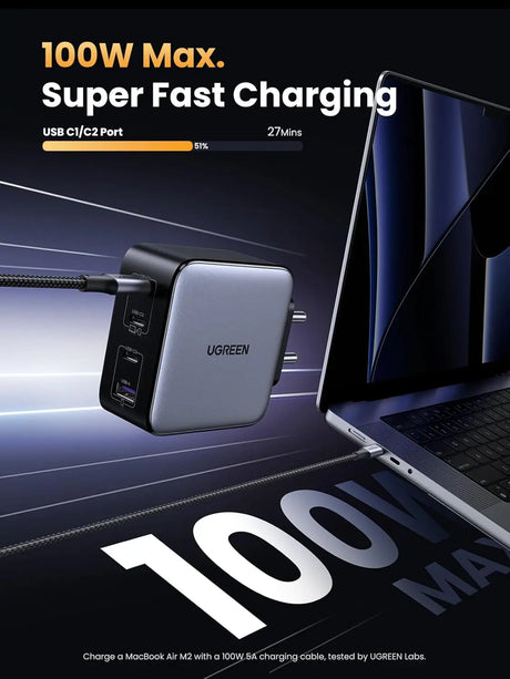UGREEN 100W USB C Charger, Nexode 4 Ports GaN II Fast Charging Block, India Plug Compact Power Adapter Wall Charge for MacBook Pro, Dell XPS, iPhone 16 Pro Max/15, Galaxy S24 Ultra (PPS 45W), Pixel 9 (15254) Ugreen