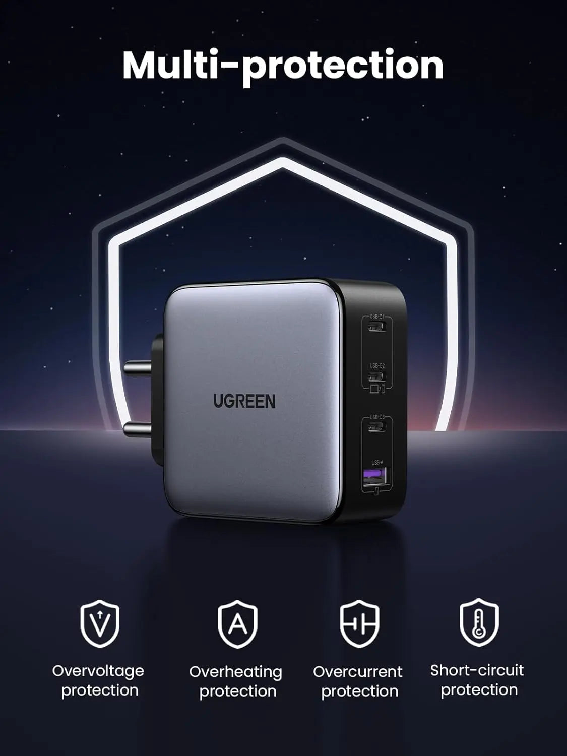 UGREEN 100W USB C Charger, Nexode 4 Ports GaN II Fast Charging Block, India Plug Compact Power Adapter Wall Charge for MacBook Pro, Dell XPS, iPhone 16 Pro Max/15, Galaxy S24 Ultra (PPS 45W), Pixel 9 (15254) Ugreen