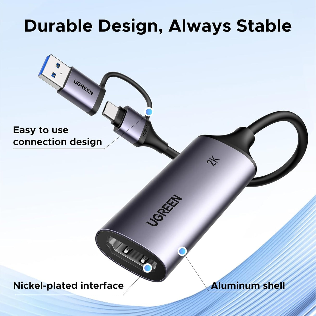 UGREEN HDMI Video Capture Card – 4K Input, 2K@30Hz / 1080P@60FPS, USB-A & USB-C (15389)