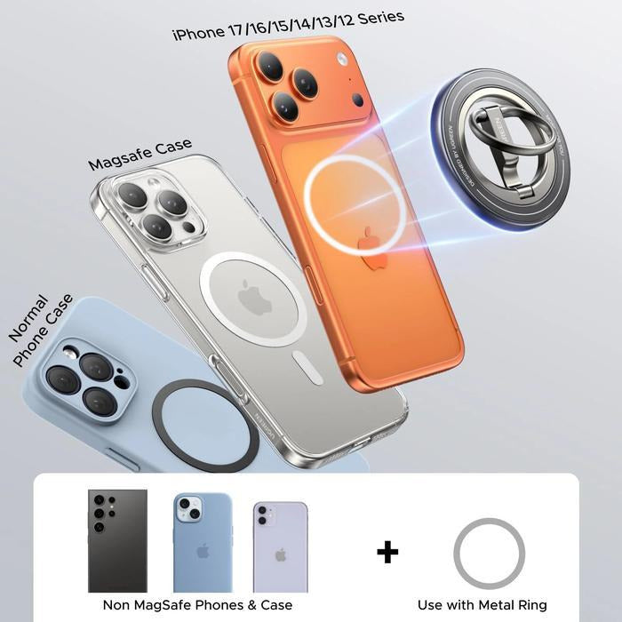 UGREEN MagSafe smartphone ring holder with 360° rotation, double-sided magnet, metal design, secure grip, and stand for iPhone(65819)