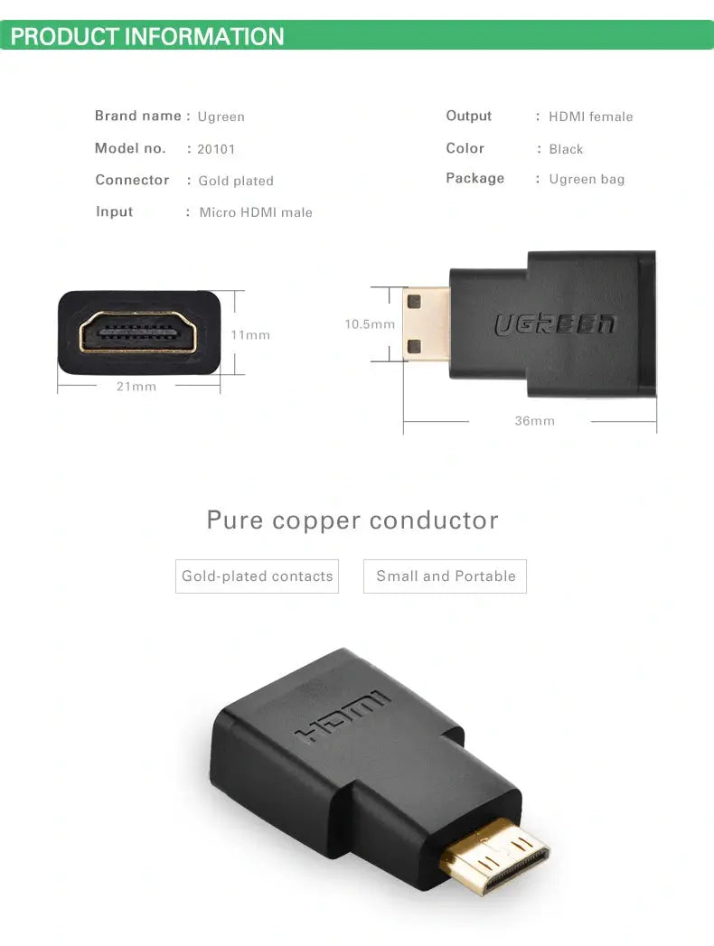UGREEN Mini HDMI Male to HDMI Female Adapter Type C Gold Plated Smartphones Camcorder Tablets Cameras Video 20101