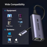 UGREEN USB C to Ethernet Adapter 2.5G Aluminum Type-C Thunderbolt RJ45 Network LAN MacBook Air Pro XPS iPhone 15 Grey (25052)