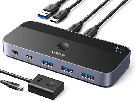 UGREEN 5Gbps USB C Switch 2 PCs Sharing 4 USB Devices for 2 Computers Sharing Keyboard, Mouse, Webcam, Printer with 2 USB C Data Cables and Remote (25098) Ugreen India