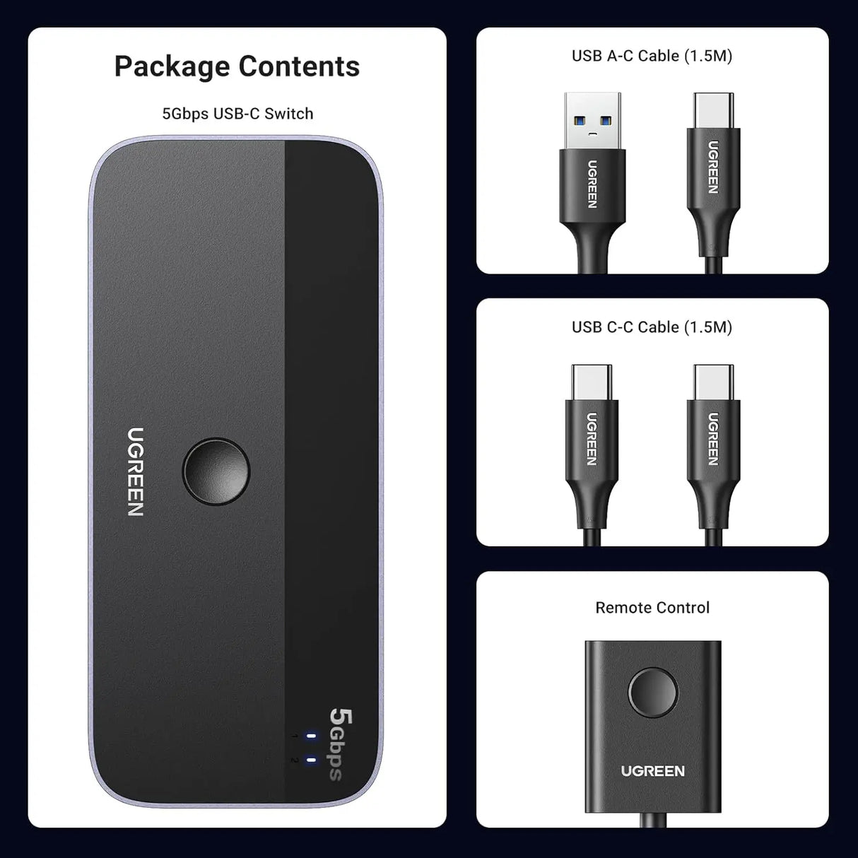UGREEN USB C Switch 5Gbps 2 PC Share 4 USB Device Computer Keyboard Mouse Webcam Printer 2 USB-C Cable Remote Control (25098)