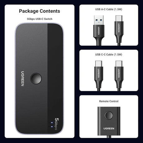 UGREEN 5Gbps USB C Switch 2 PCs Sharing 4 USB Devices for 2 Computers Sharing Keyboard, Mouse, Webcam, Printer with 2 USB C Data Cables and Remote (25098) Ugreen India