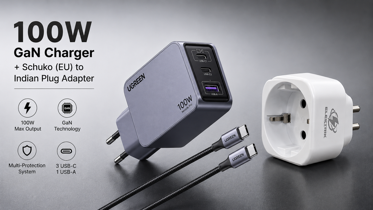 UGREEN Nexode Pro 100W GaN Charger 3-Port PD Fast Charger + Schuko (EU) to Indian Plug Adapter,  MacBook iPhone iPad Laptop USB-C Wall Charger Desktop (EU Pins) 25874
