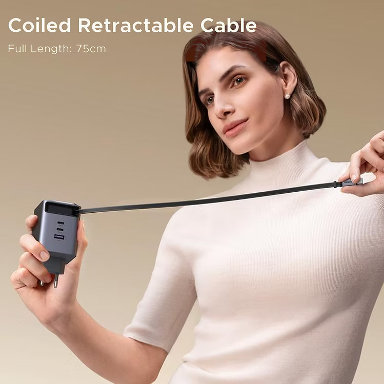 UGREEN Nexode Pro 100W GaN Charger with Built-in Retractable USB-C Cable (75 cm) | Fast USB-C Wall Charger for Laptops & Phones (65828) + Schuko to India Adapter